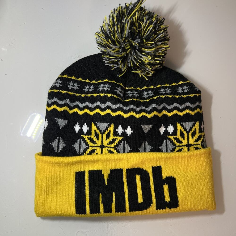 IMDb Promo Pom Beanie Yellow Black White Fair Isle Adult Winter Hat
